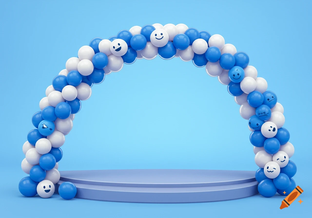 Blue and white balloon arch with smiley faces over a purple stage against a blue background, 3D render.
