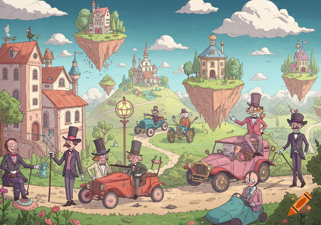 Cartoon illustration of dapper characters in top hats driving vintage cars across a landscape with floating islands.
