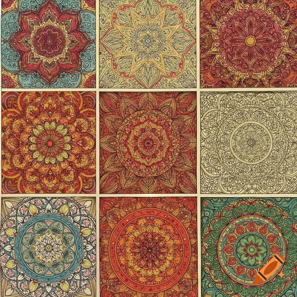 A grid of nine colorful intricate mandala patterns