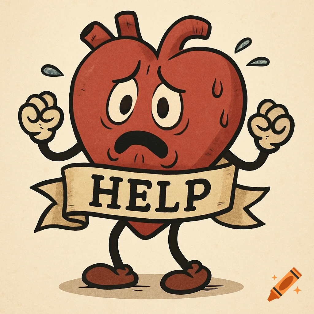 Cartoon heart character holding a banner with 'HELP' on it, vintage illustration style.