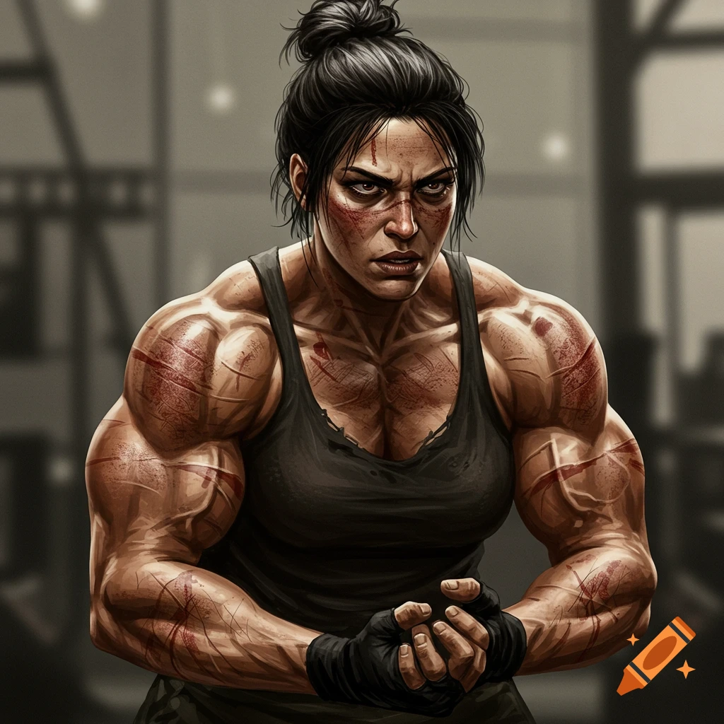An intense illustration of a muscular woman with scrapes and cuts, wearing a tank top and hand wraps in a gym.