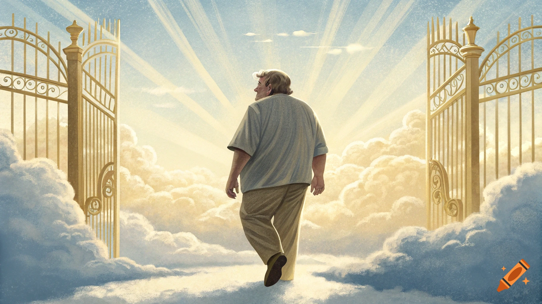 Painterly image of a man walking on clouds towards golden gates in a bright, ethereal sky.