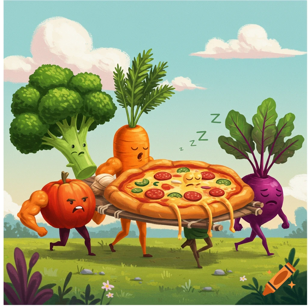 Cartoon vegetables carrying a sleeping pizza on a stretcher through a field.