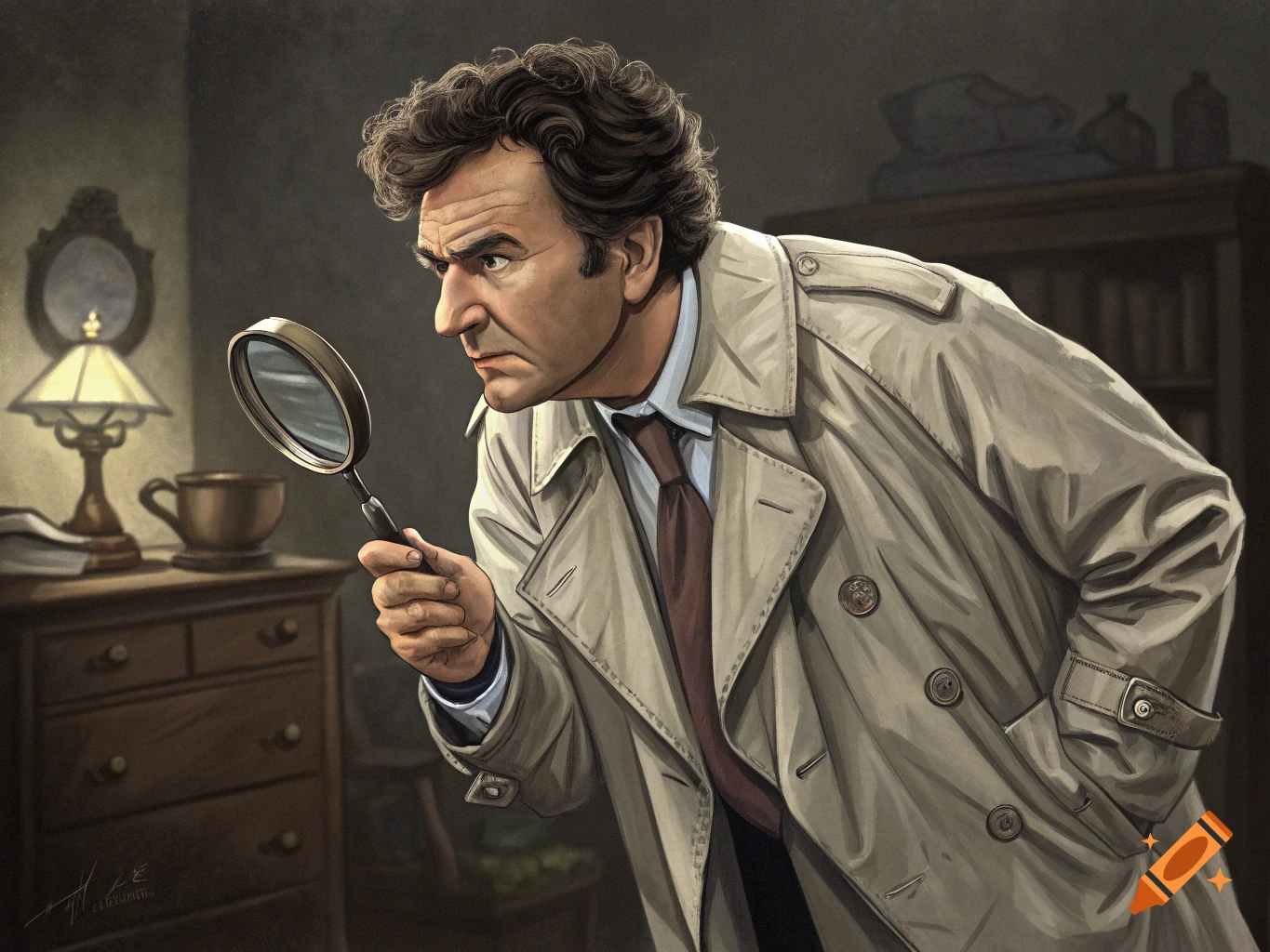 Painting of detective Columbo in a trench coat looking through a magnifying glass