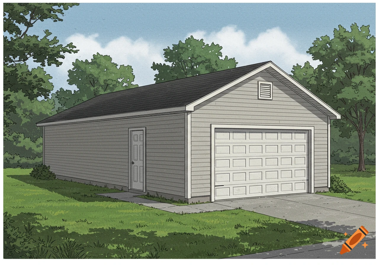 An illustration of a detached garage with a grey roof and siding, a large white garage door, and a side entry door.