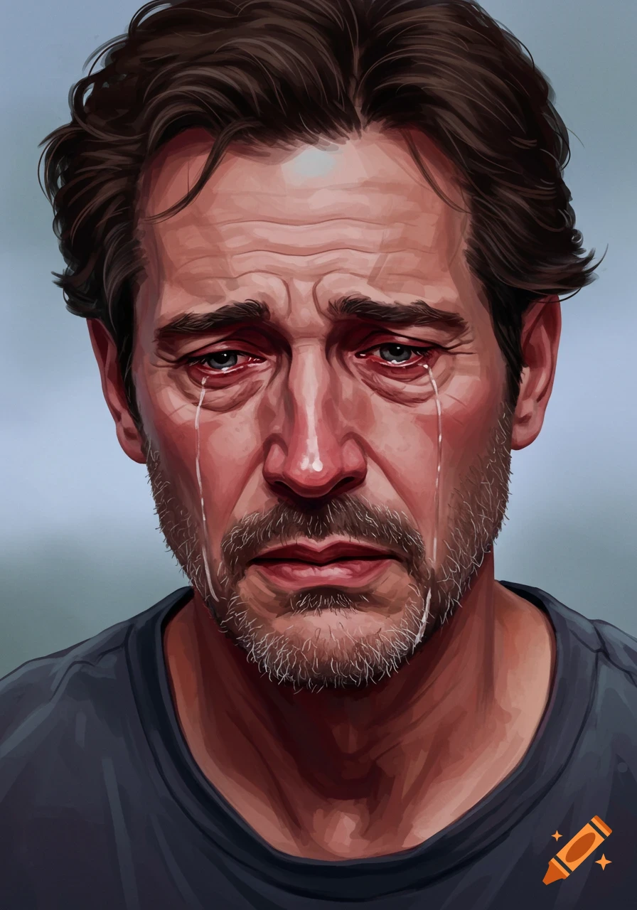 Illustrative portrait of a man crying, with tears streaming down his face.