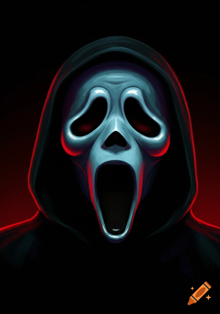 Digital painting of the Ghostface mask screaming against a red and black background.