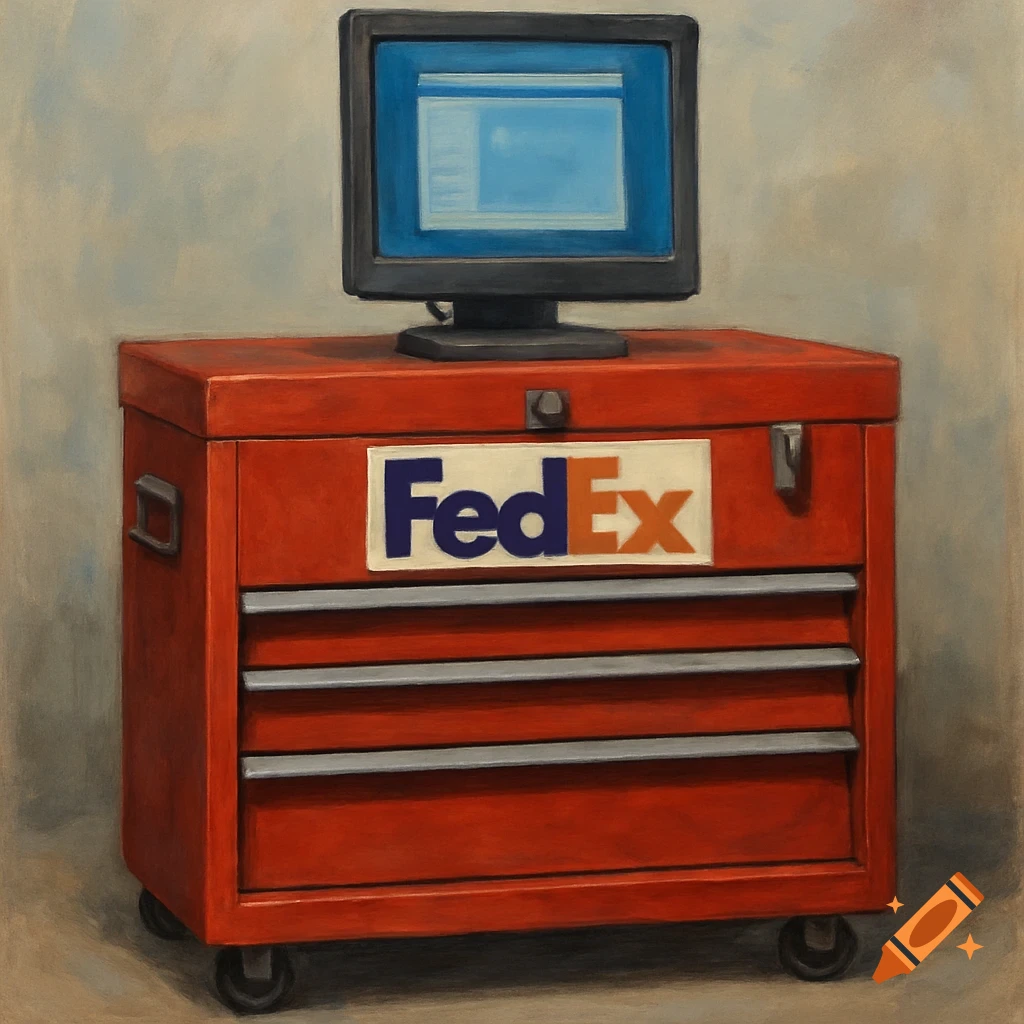 A painting of a red toolbox with a computer monitor on top, featuring the FedEx logo.