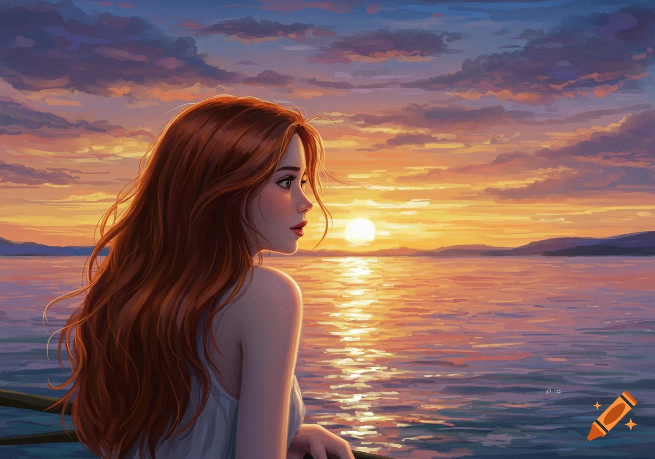 Painting of a woman with long red hair looking out at a vibrant sunset ...