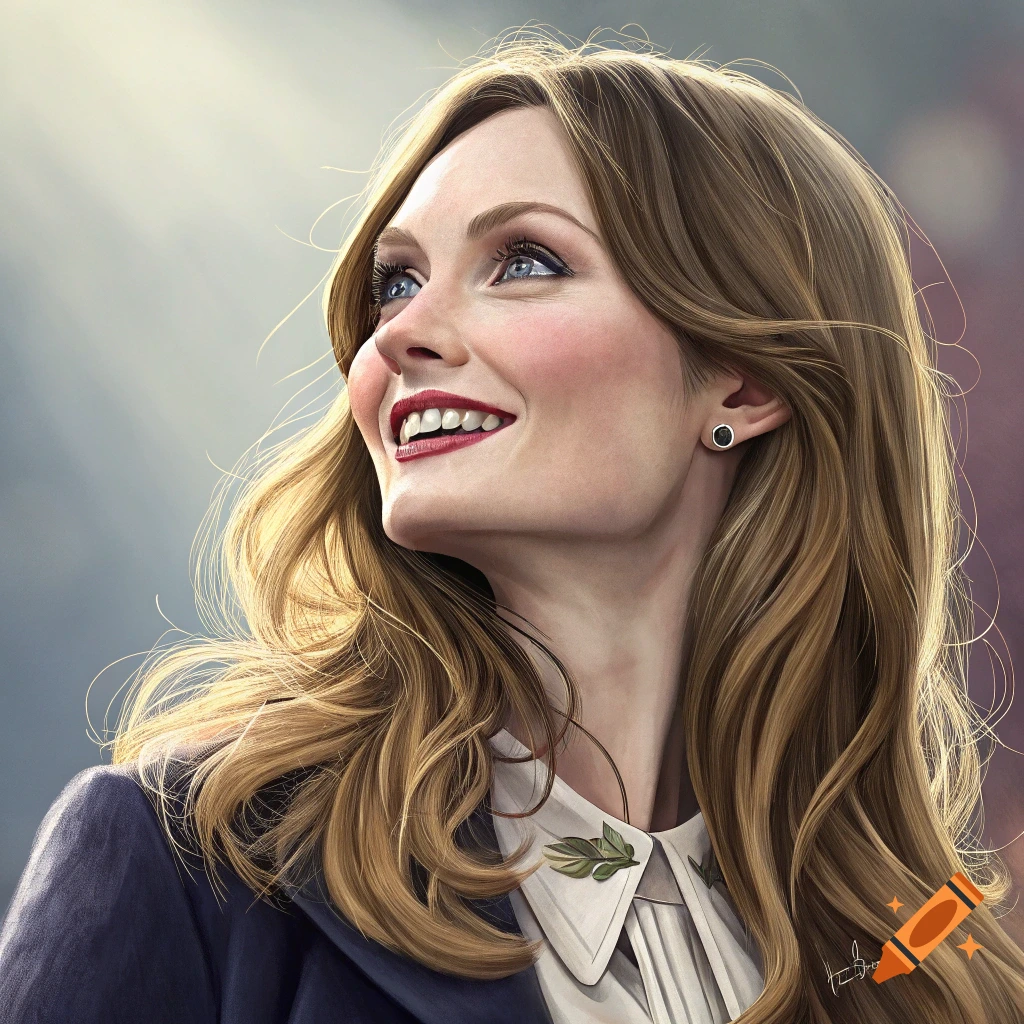 A realistic portrait of a smiling woman looking upwards, with light shining on her face.