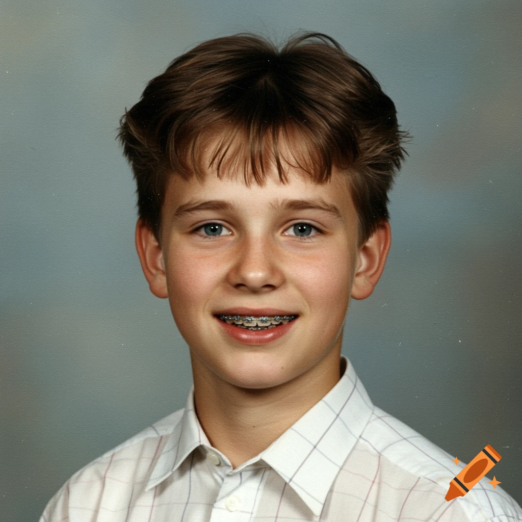 Teenage boy with braces in a school yearbook photo