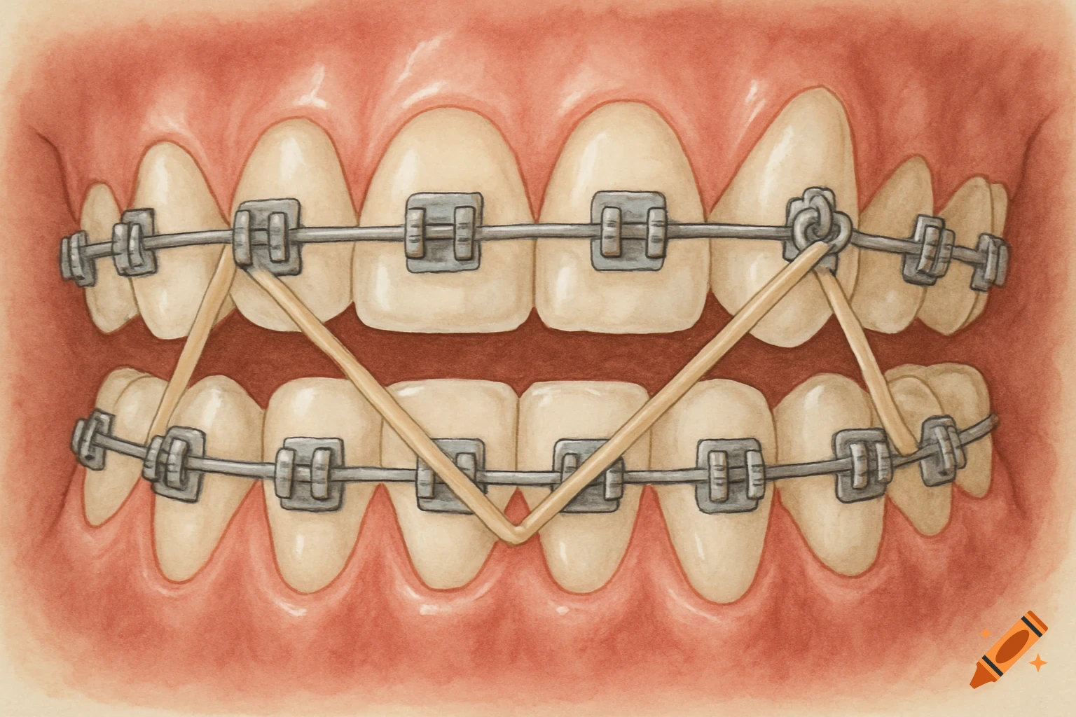 Medical illustration of human teeth with braces and orthodontic elastics.