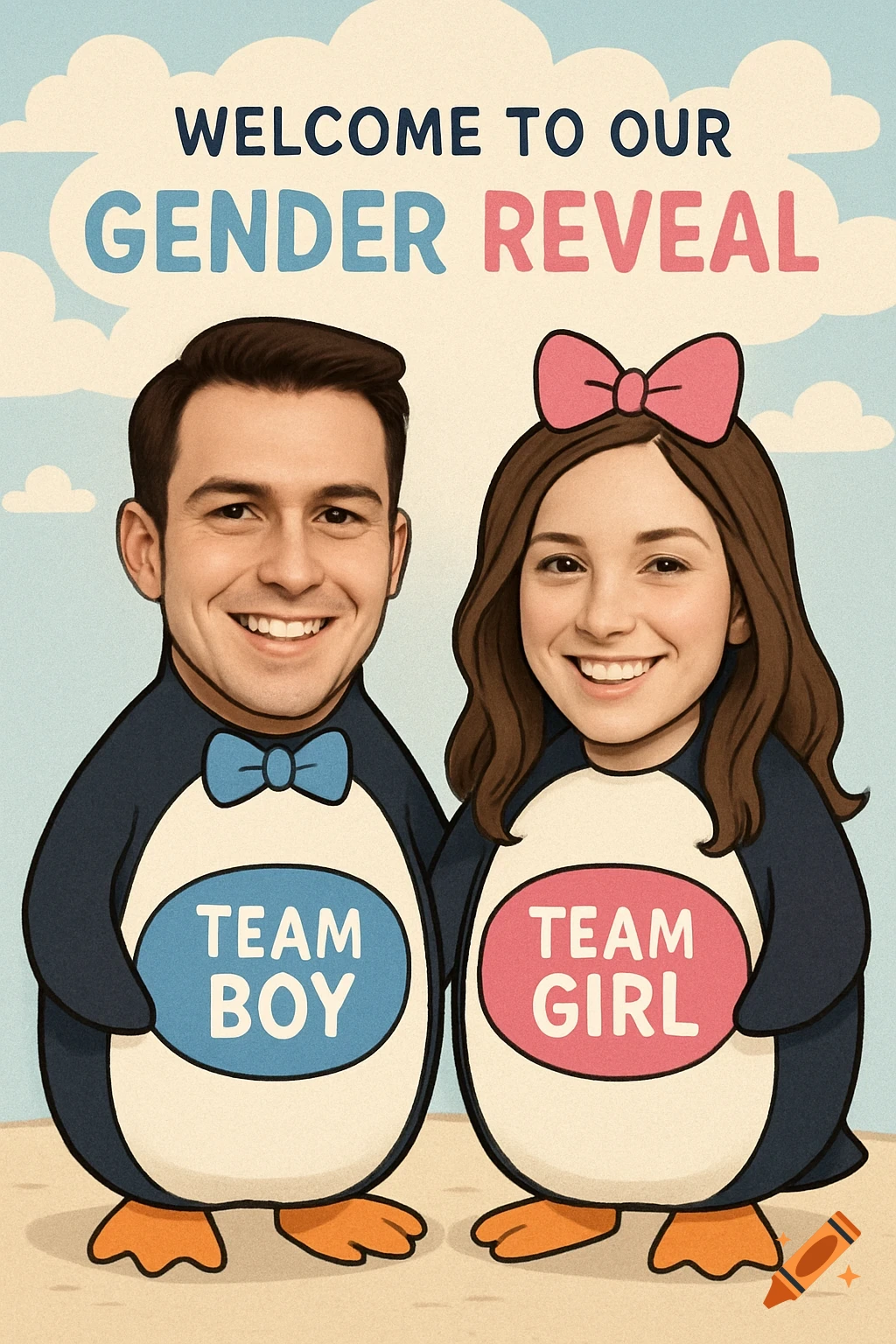 Cartoon gender reveal illustration of a couple dressed as penguins with welcome text.