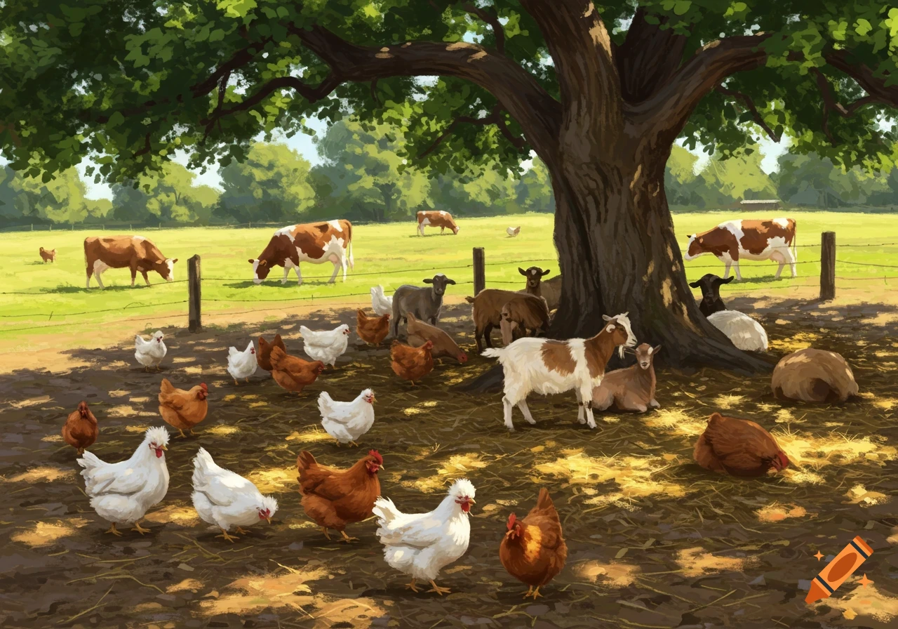 Digital painting of cows, goats, and chickens in a sunny farmyard.