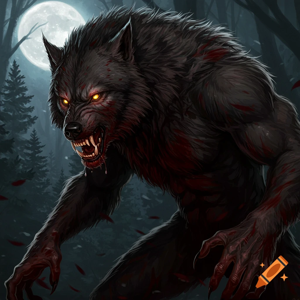 A dark fantasy illustration of a bloodied werewolf in a forest at night under a full moon.