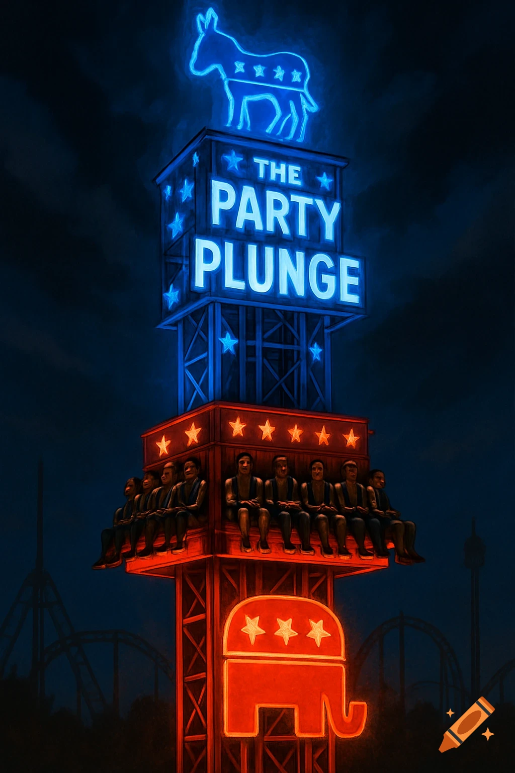 A neon drop tower ride with blue Democratic donkey top and red Republican elephant bottom at night.