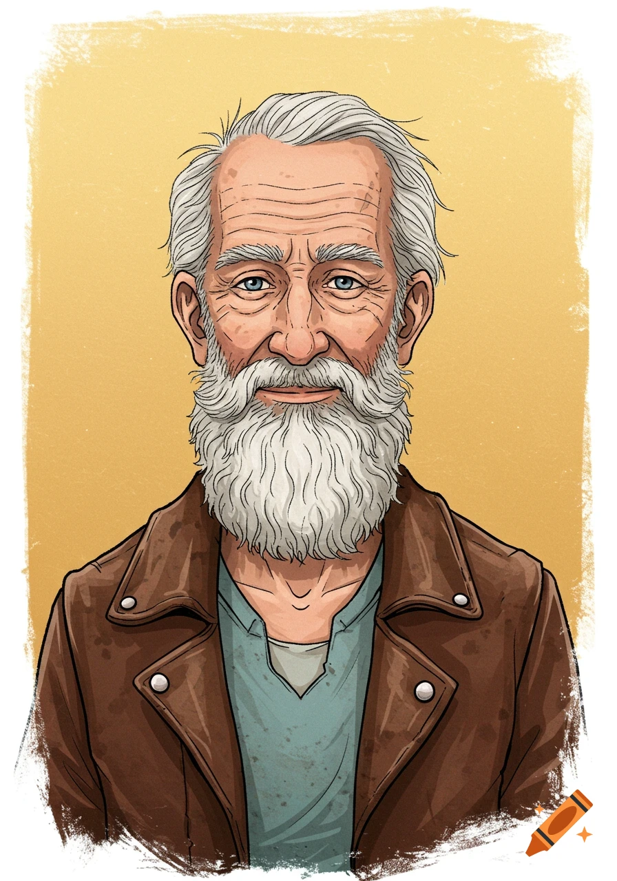 Illustration portrait of an old man with a beard wearing a brown ...
