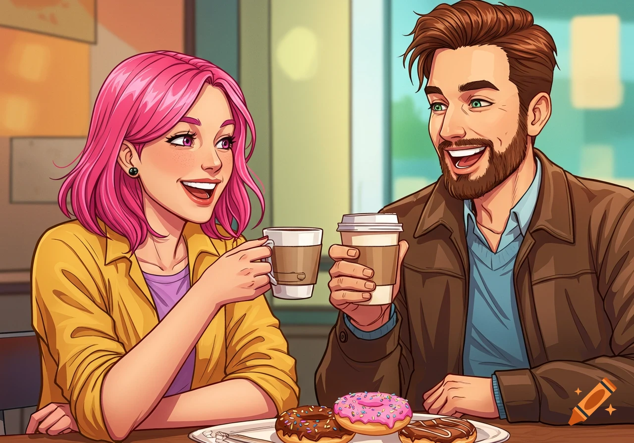 Illustration of a couple enjoying coffee and donuts at a cafe