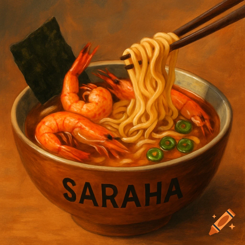 Oil painting of a bowl of ramen with shrimp and noodles lifted by chopsticks, with 'SARAHA' on the bowl.
