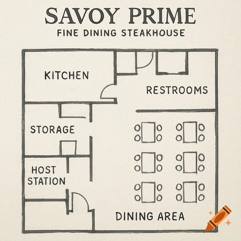Hand-drawn floor plan of a restaurant showing kitchen, dining area, restrooms, storage, and host station.