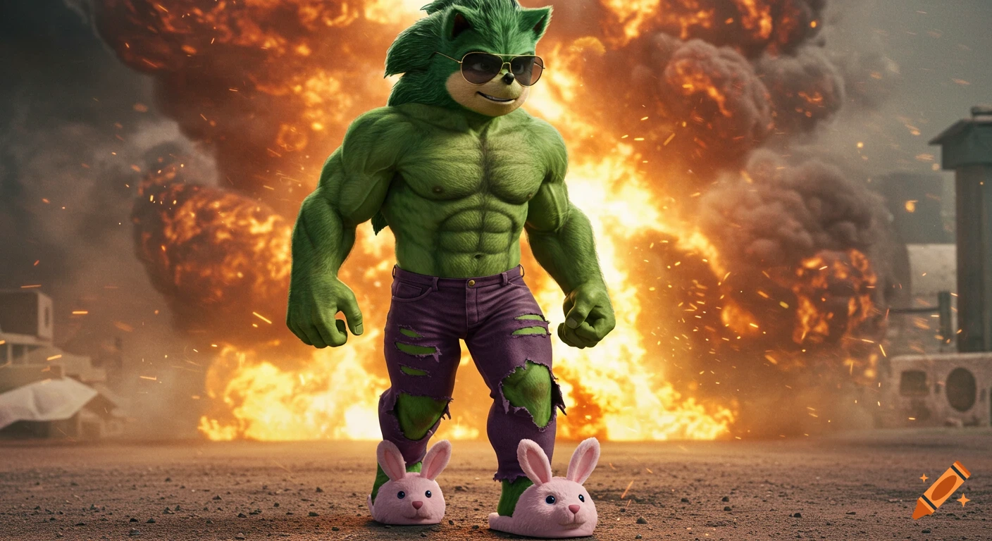 A muscular green hedgehog wearing sunglasses and pink bunny slippers walks away from a large explosion.