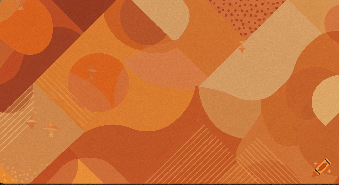 An abstract pattern with orange and brown geometric shapes, circles, stripes, and dots.