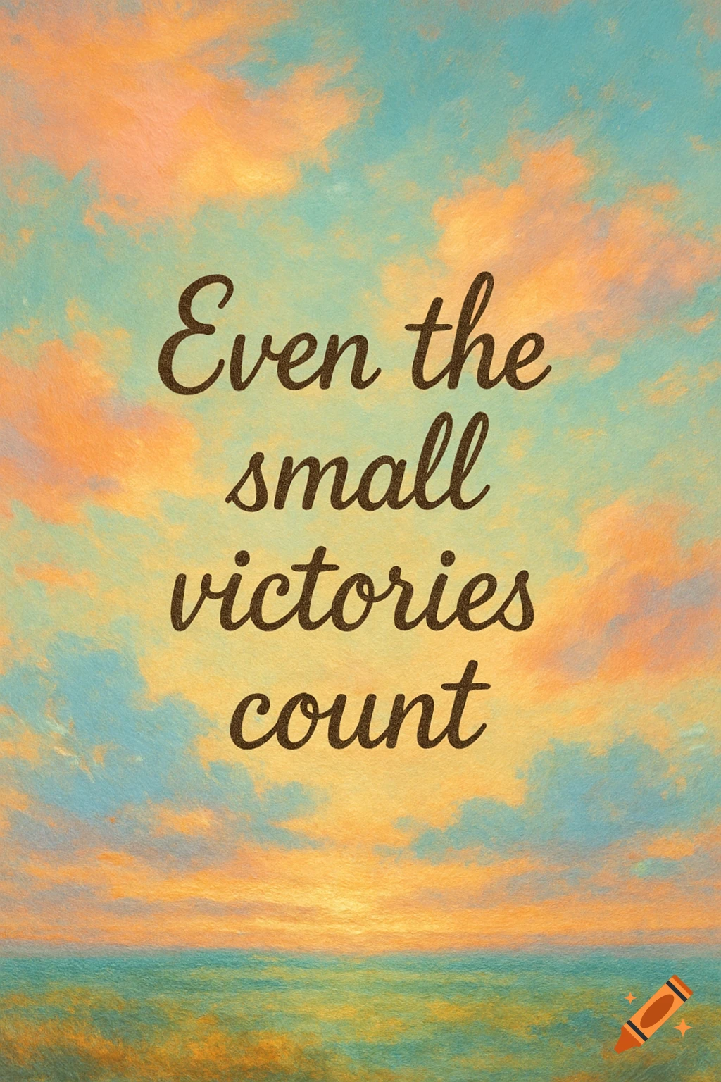 Inspirational quote "Even the small victories count" over a painted sky and sea background.