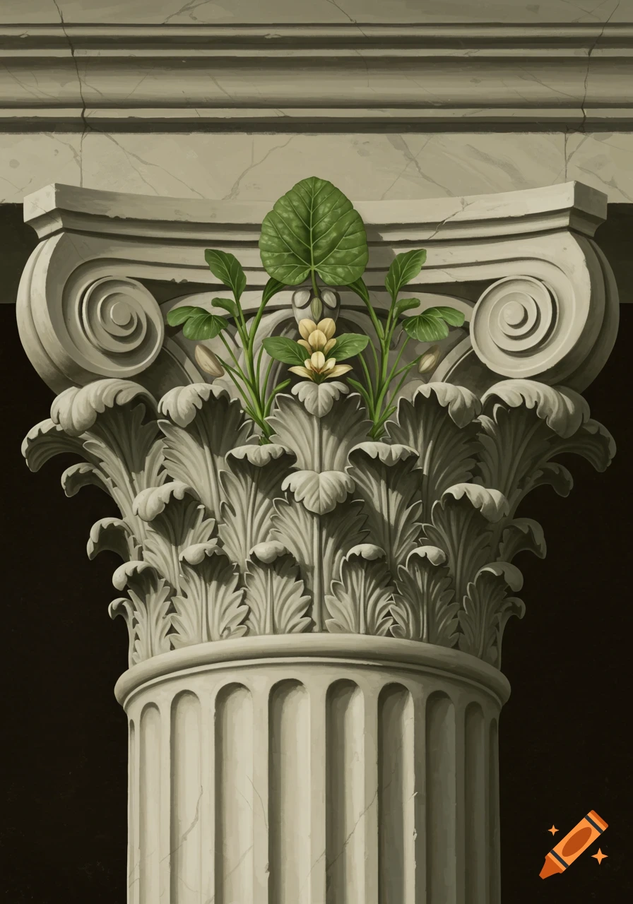 Close-up of a classical column capital decorated with green leaves and a small flower.
