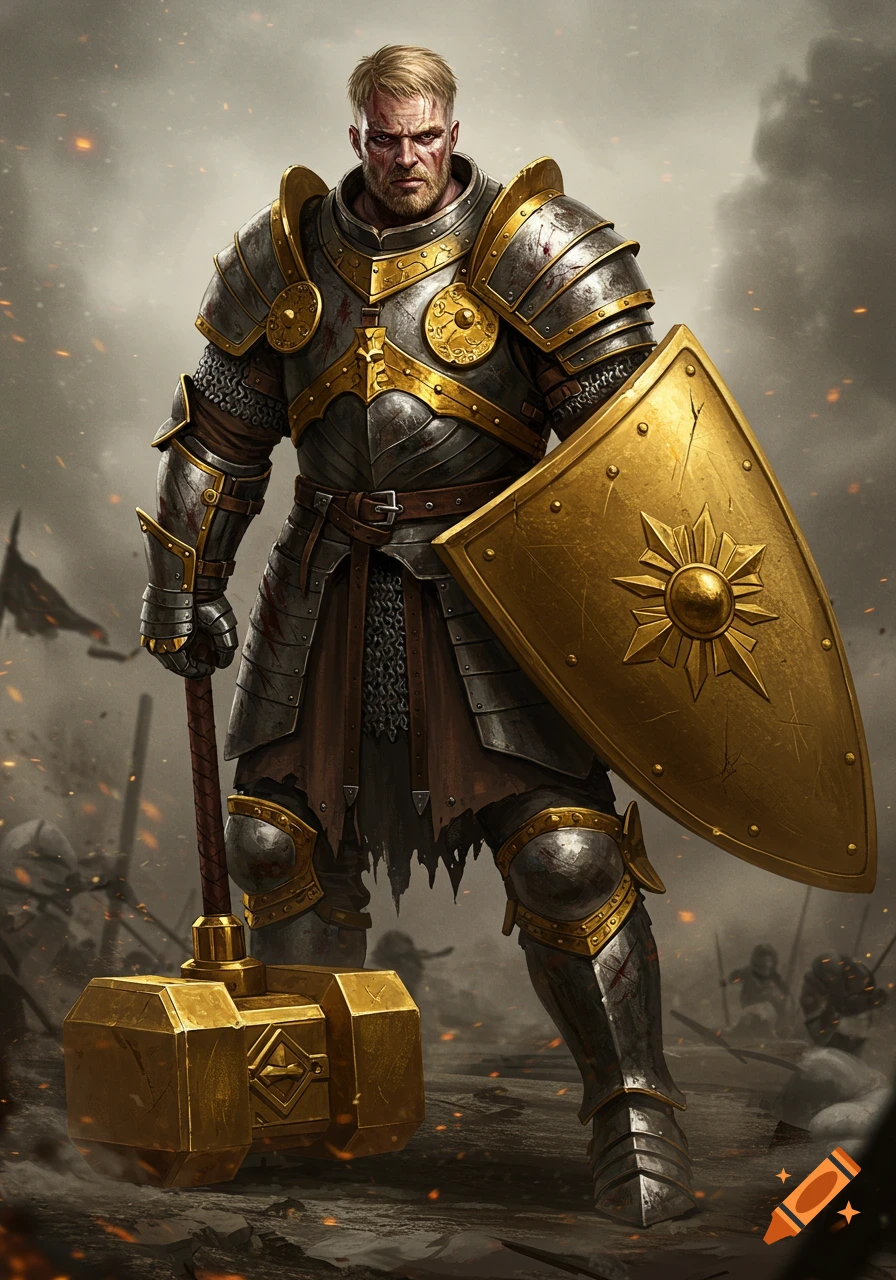 Heavily armored knight with stubble and light golden hair holds a large gold hammer and shield in a battle scene.