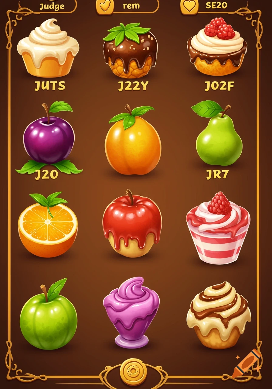 Stylized game assets of fruits and desserts in a casino slot game style.