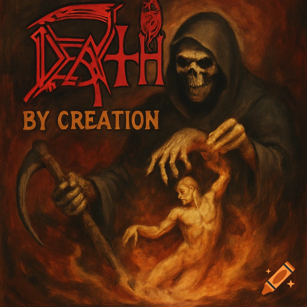 Dark fantasy painting of a grim reaper holding a human figure over flames, with the title DEATH BY CREATION.