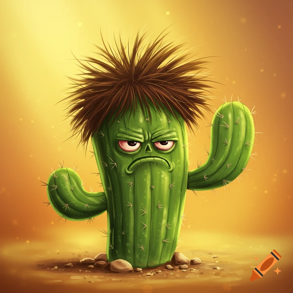 A cartoon crabby cactus with brown hair stands on the ground.