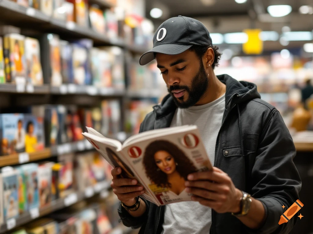 A man in a baseball cap reads the Oprah magazine 'O' in a bookstore aisle.
