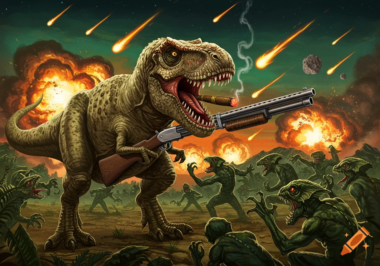 Illustrated T-Rex smoking cigar and holding shotgun fights aliens during meteorite shower with explosions.