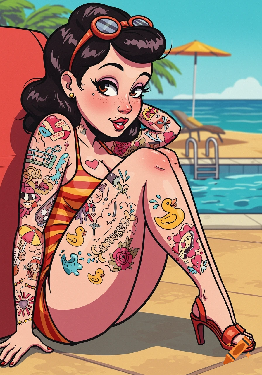 Pin-up style cartoon illustration of a tattooed woman in a swimsuit sitting by a pool.