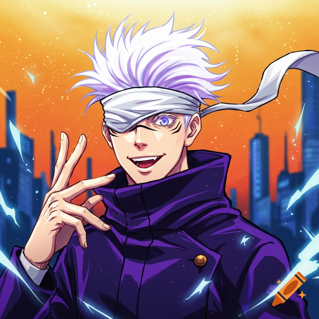 Anime portrait of a character with white hair and blindfold making a hand sign against a city background.