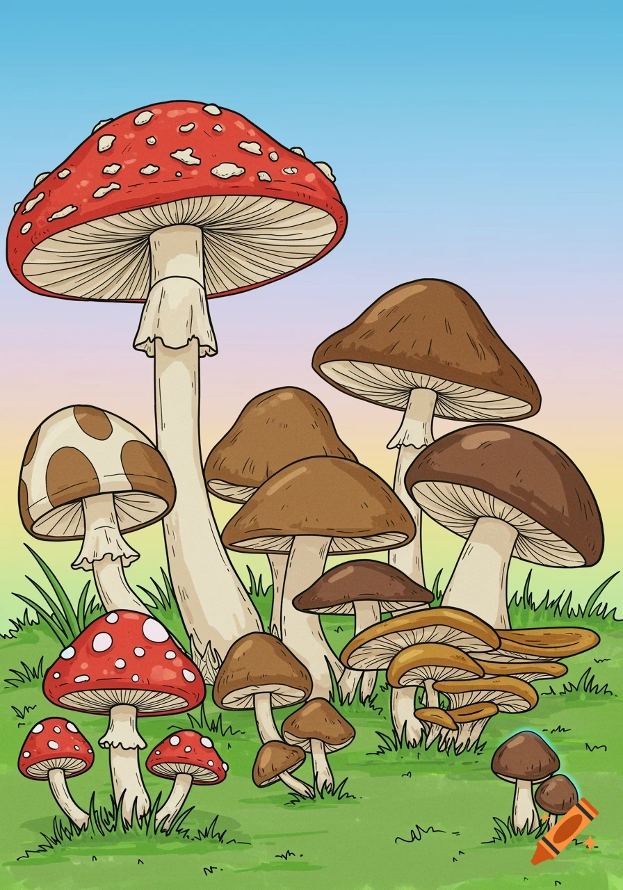 Coloring page of various mushrooms in grass under a gradient sky.