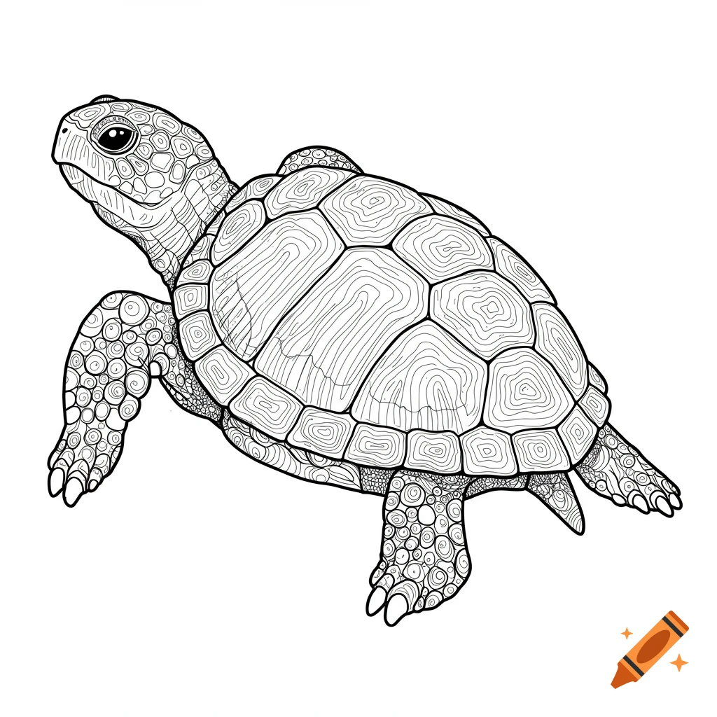 Intricate black and white line drawing of a turtle for a coloring book