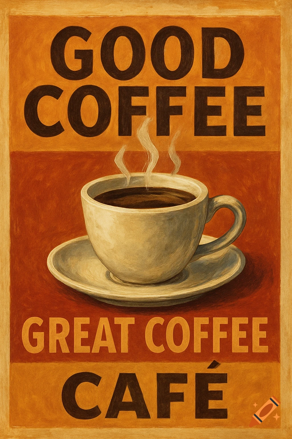 Illustration of a vintage coffee poster with a steaming cup and text 'Good Coffee Great Coffee Café'