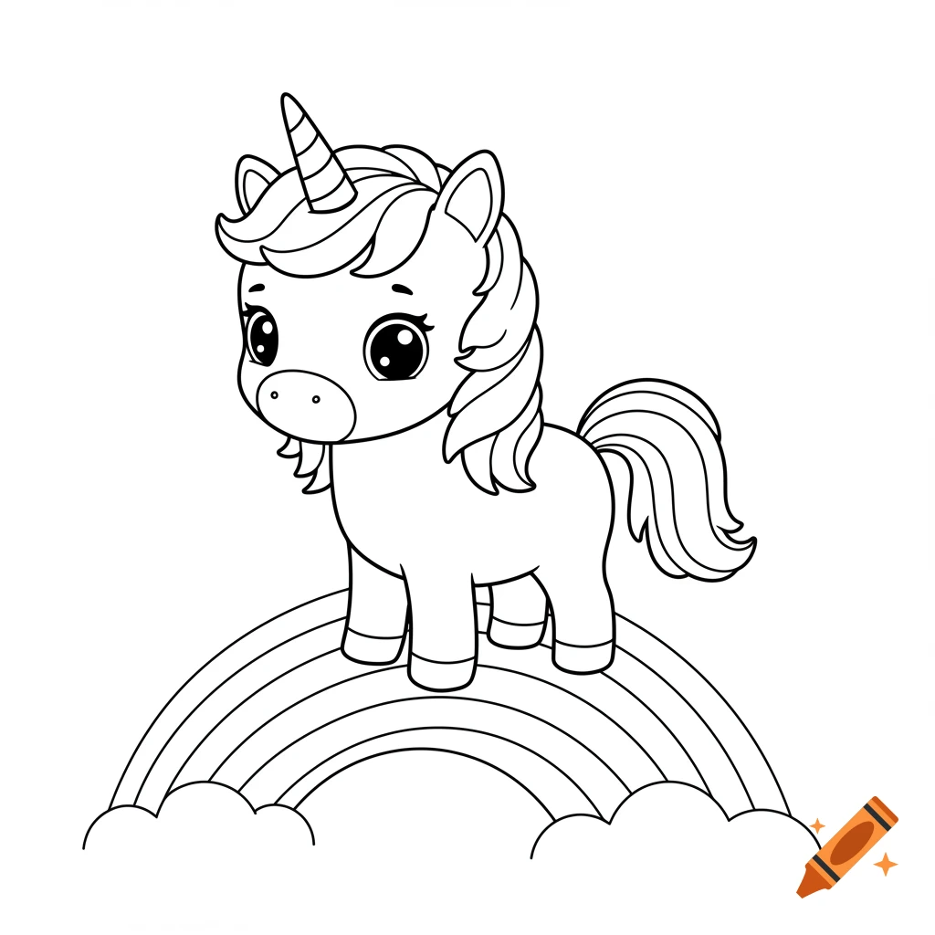 Line art drawing of a cute baby unicorn standing on a rainbow.