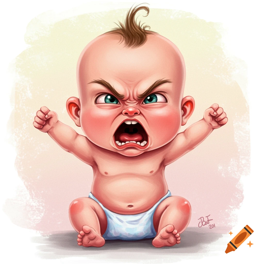 Cartoon illustration of an angry baby shouting with fists clenched.