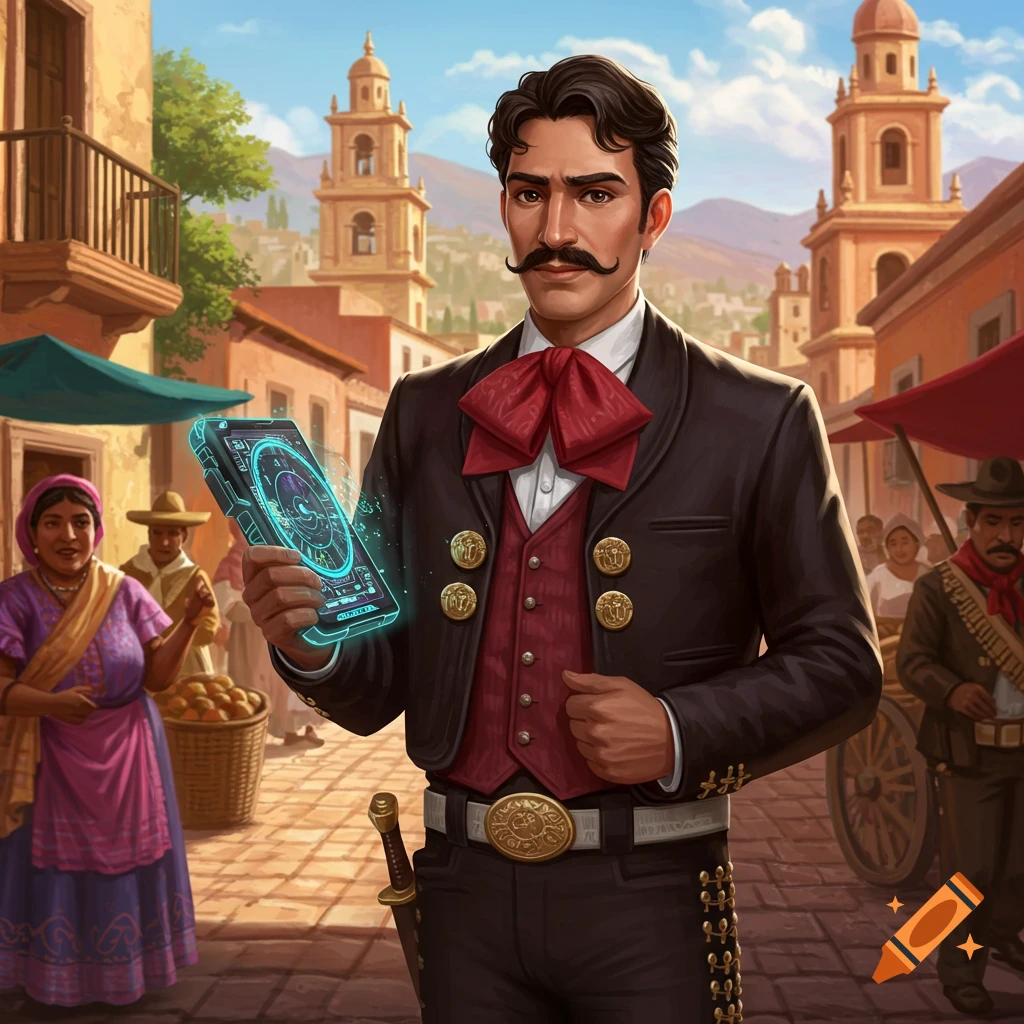 An illustration of a man in Mexican charro attire holding a glowing futuristic device in a town square.