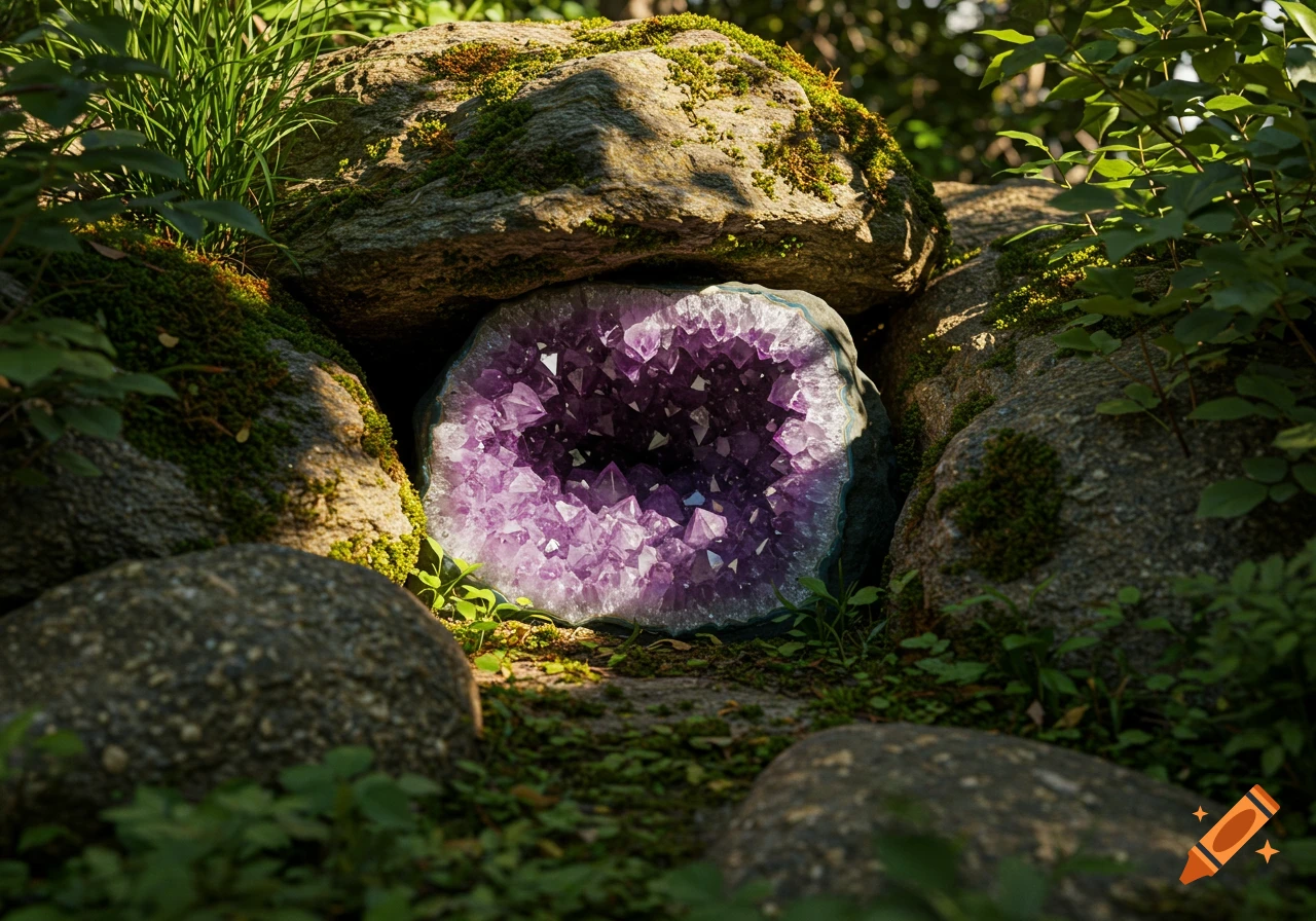 A vibrant purple amethyst geode rests among mossy rocks and green plants in a forest setting.