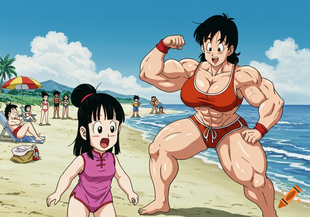 A muscular woman in a red swimsuit flexes on a beach next to a surprised young girl in anime style.
