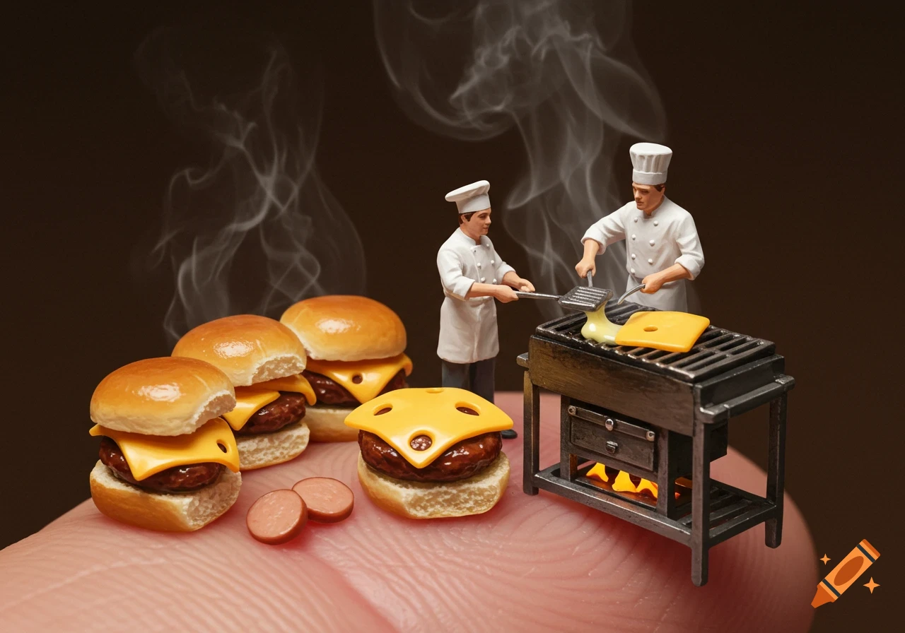 Miniature chefs grill tiny burgers on a fingertip.