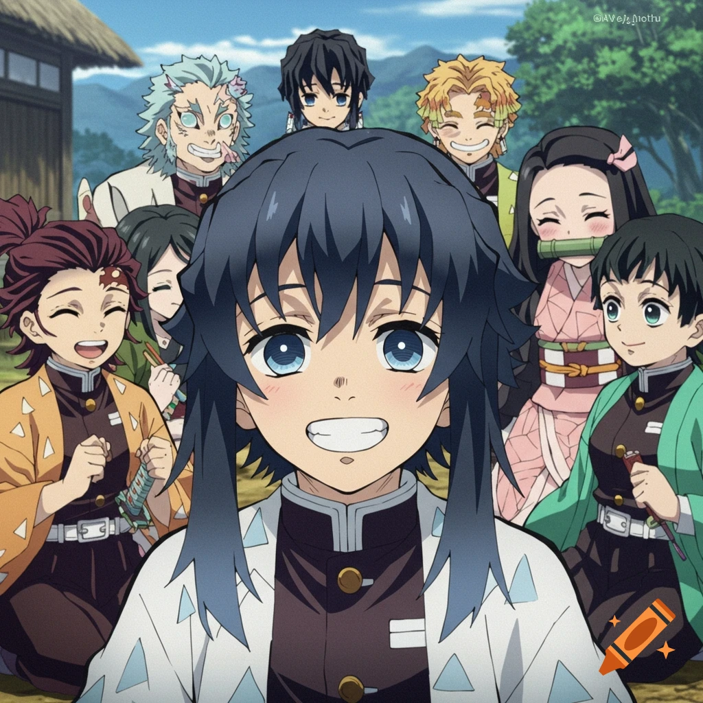 Anime characters from Demon Slayer smiling in a group portrait.