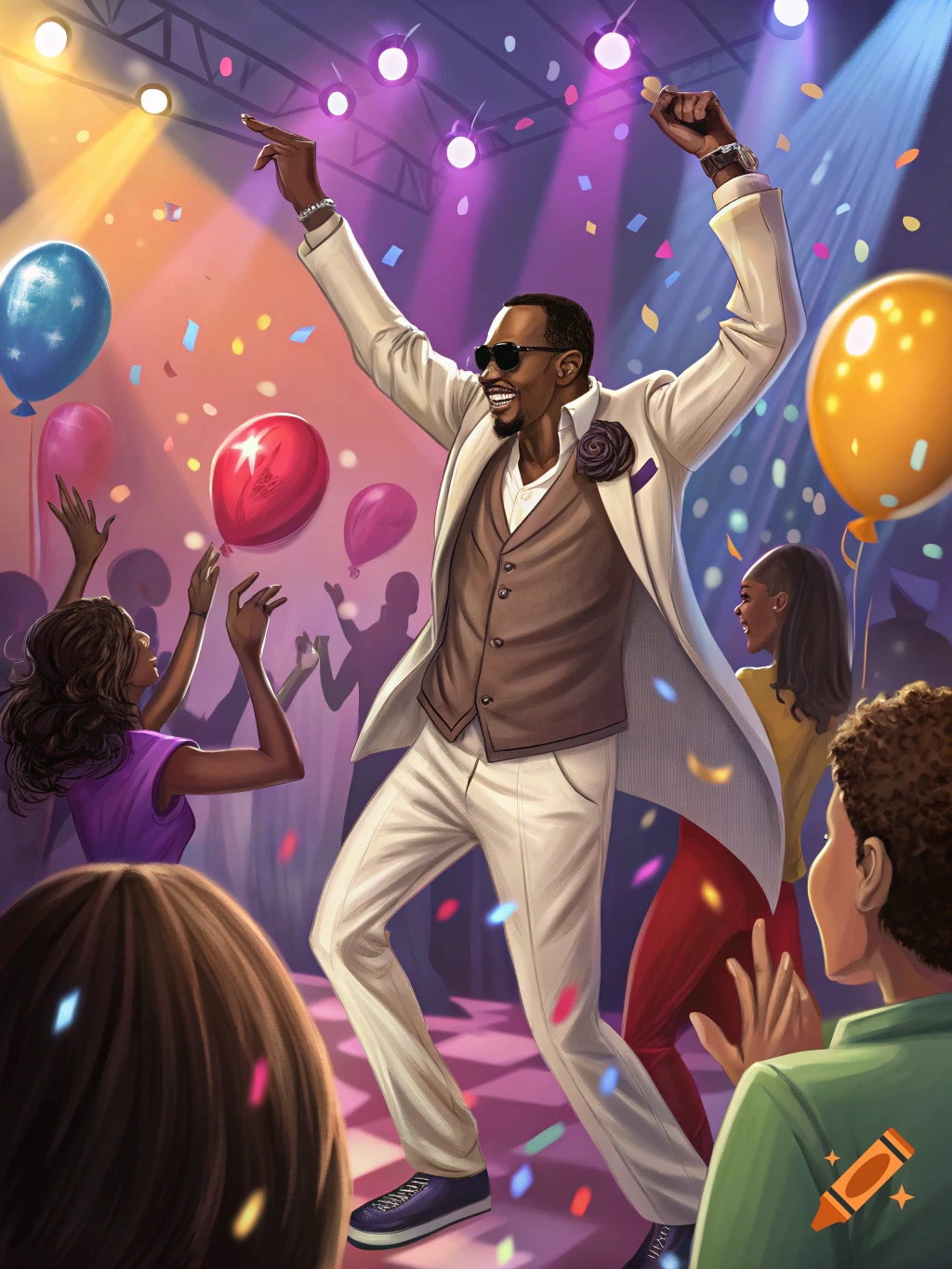 An illustration of a man in a suit dancing enthusiastically at a party with balloons and confetti.