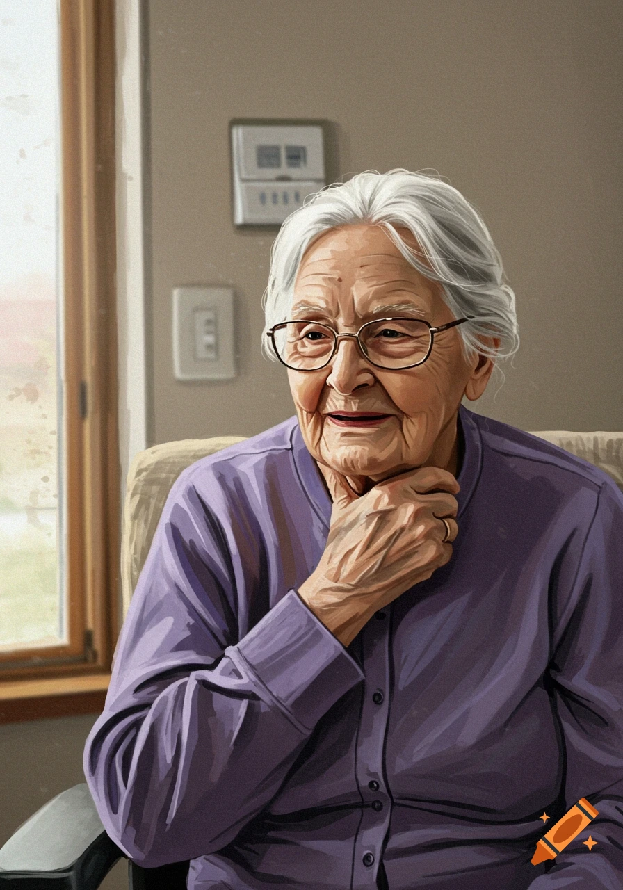 Realistic painting of an elderly woman sitting by a window, hand near her neck