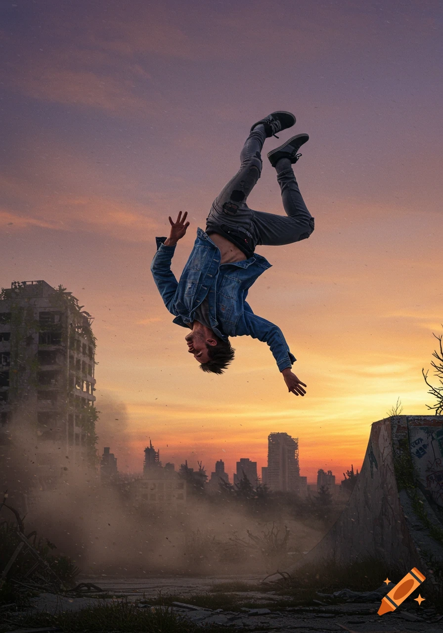 Man doing a backflip over a ruined city at sunset.