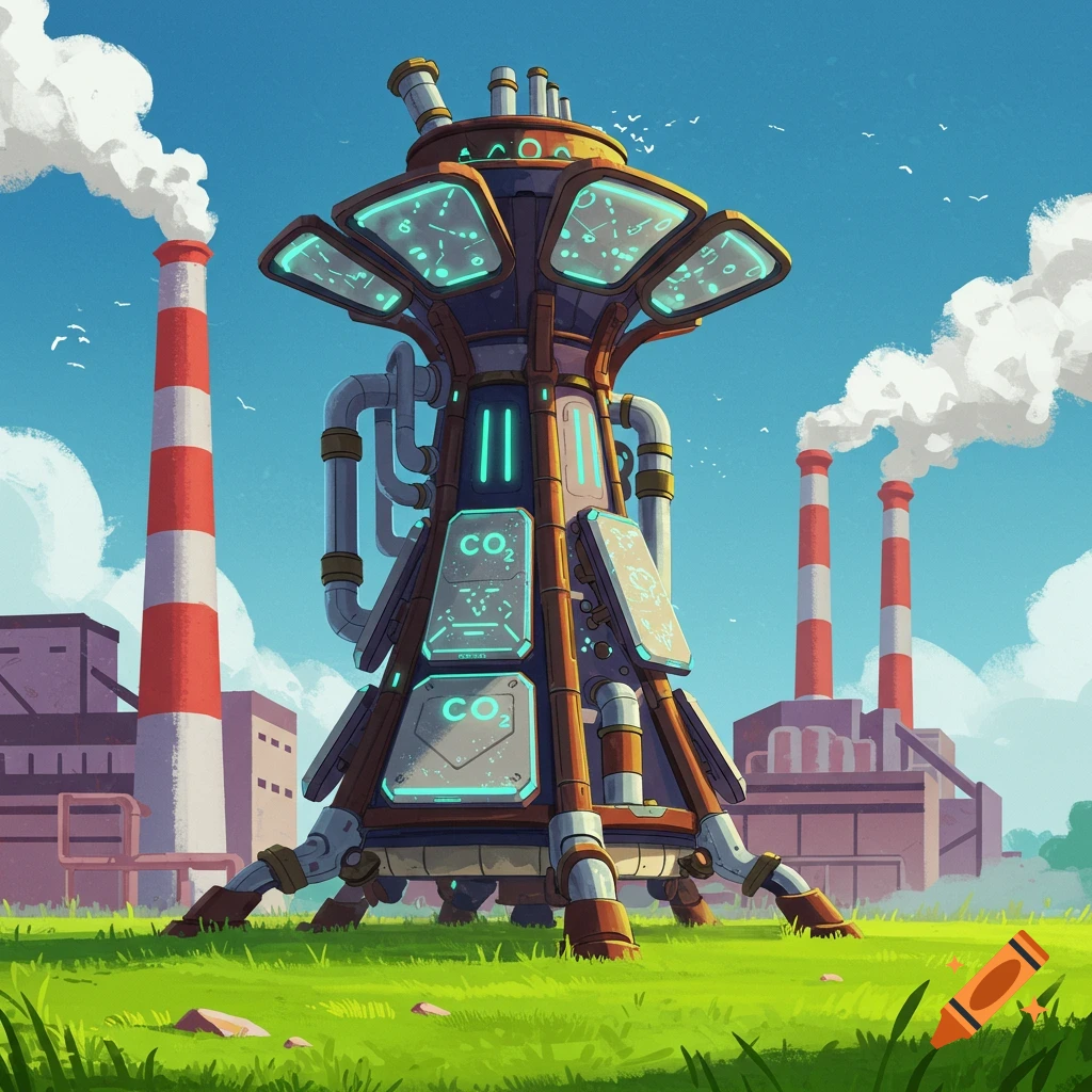 Futuristic CO2 scrubbing machine in a field outside a factory